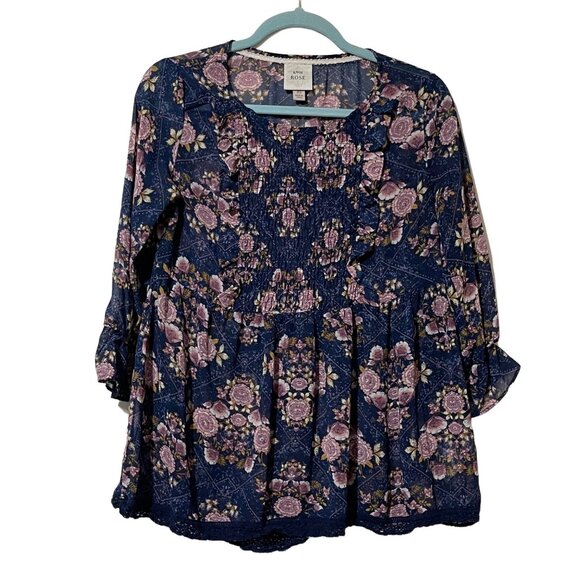 Knox Rose Size XS Boho Floral Smocked Peasant Blouse Navy Pink Lace Hem - Picture 1 of 9